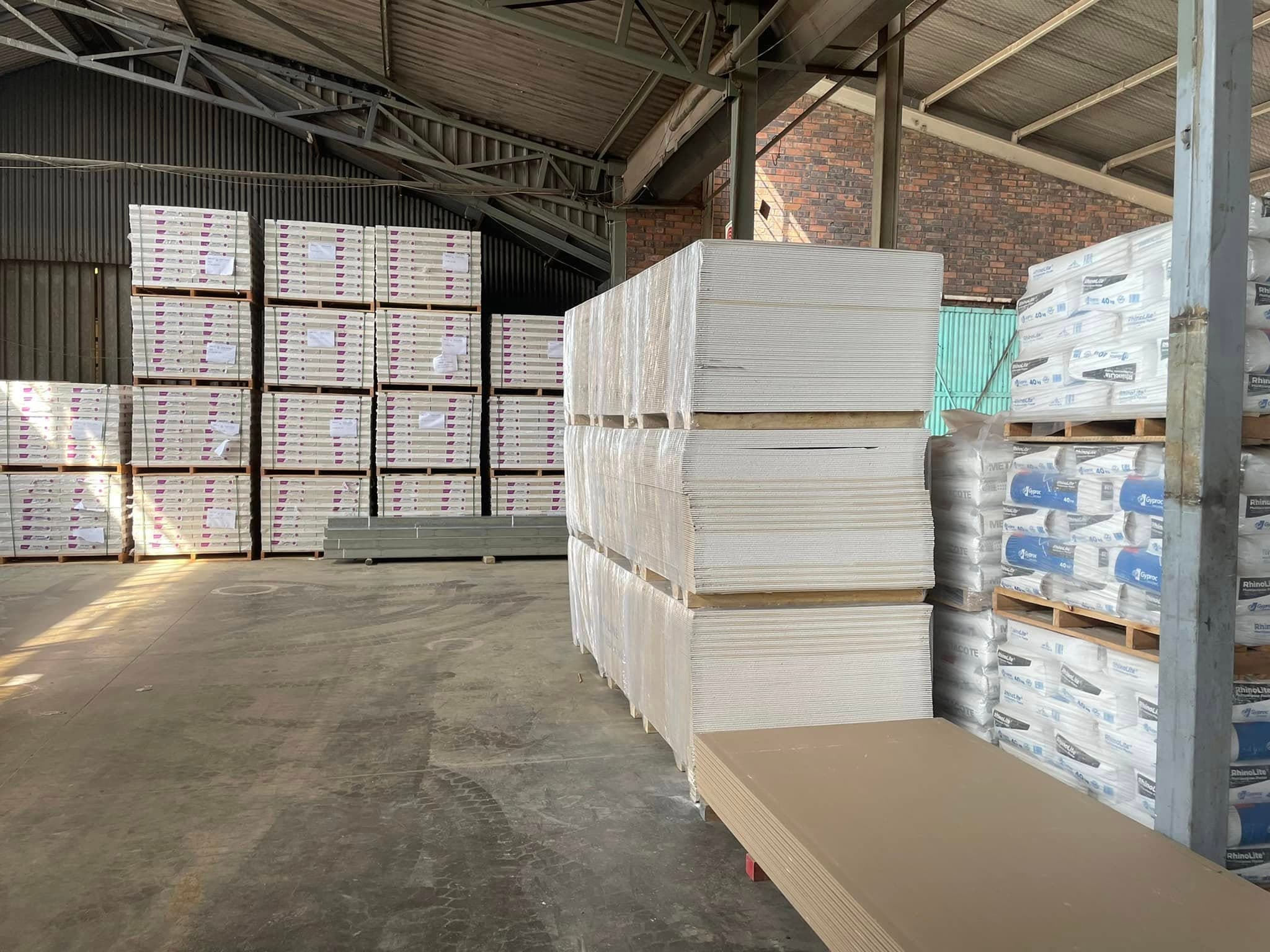 Interior warehouse stock holding of ceiling and drywall materials.